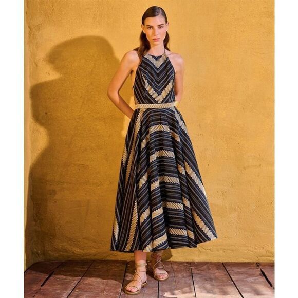 LACE the Label White gold jacquard Midi Halter Dress Vacation size S NWT$590 - Picture 2 of 5